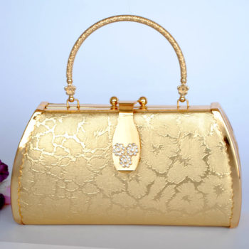 Gold Shiny Princess Evening Handbag With Pattern And Rhinestones