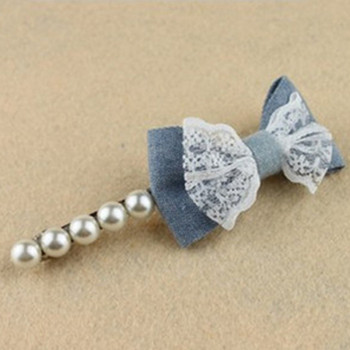 Free Shipping Lace Denim Pearl Bow Hairpin