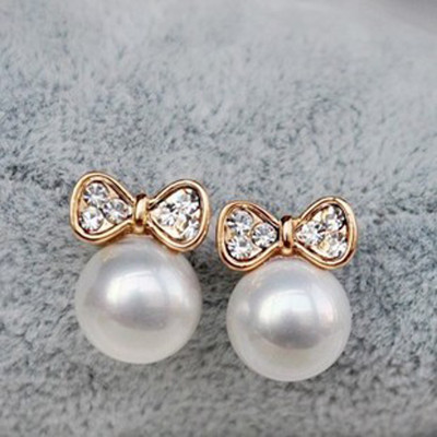 [Free Shipping] 2012  Jewelry Full Diamond Simple Bow Pearl Pendant Earrings