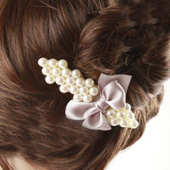 Free Shipping Elegant Pearl Hairpin With Bow Duckbill Clip