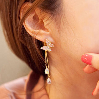 [Free Shipping]  Jewelry Wholesale  Lovely Long Tassel Earrings Female Rhinestone Butterfly Crystal Earrings