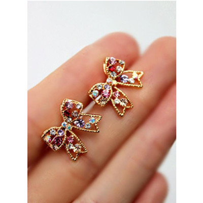 [Free Shipping]New 2012 Sweet Lovely Wild Fancy Color Diamond Bow Earrings