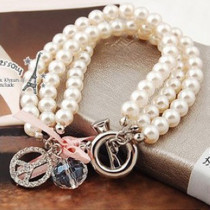 [Free Shipping]HL04001 Korean jewelry full diamond peace sign crystal ball three pearl bracelet / bracelet 32g
