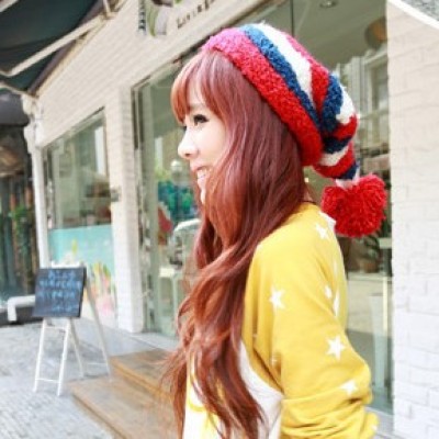 Lovely Big Balls Wool Cap Color Stripes Stitching Hat