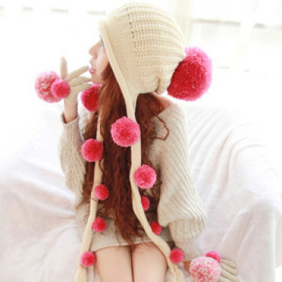 Knitted Wool Lovely Honey Hair Ball Tassel Ear Hat