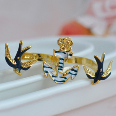 [Free Shipping]The M40201 jewelry wholesale Europe and America retro Caiyou swallows anchor the Dual Ring Ring 10g