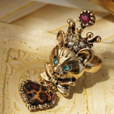 [Free Shipping]M40033 European and American jewelry wholesale Reiki kitten fairy Leopard Heart Pendants retro ring opening 8g