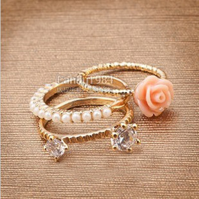[Free Shipping]M40092 jewelry wholesale new pearl flower ring exquisite flowers three-piece Ring 4g