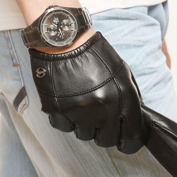 New Men's Short Palm Touch Function Leather Gloves