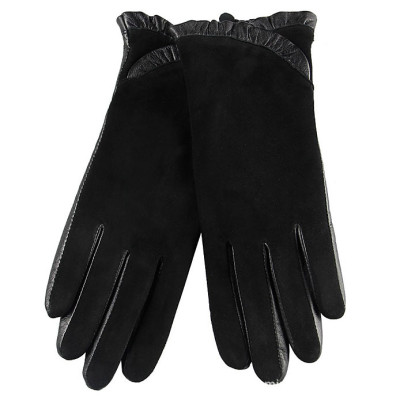 The black classic women Korean fashion warm sheepskin leather gloves