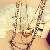 [Free Shipping]HL04407 Europe and the United States foreign trade jewelry retro peach heart-shaped love pattern multilayer long necklace sweater chain