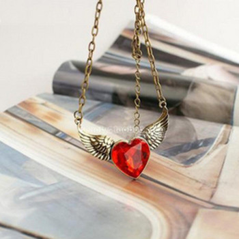 [Free Shipping]HL07207 European and American jewelry retro red crystal peach heart with angel wings pendant women necklace 20g