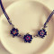 [Free Shipping]HL10507 European and American jewelry wholesale ethnic retro double leather cord Color Diamonds three flower pendant necklace 14g