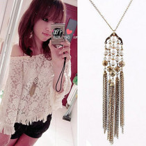 [Free Shipping]The HL34507 Korea jewelry long section of the tassel string of pearls chain necklace sweater chain 28g