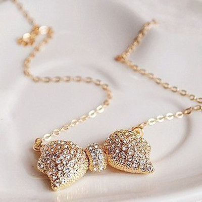 [Free Shipping]HL37507 Korean jewelry wholesale fashion generous full diamond bow necklace 2012 explosion models female 11g