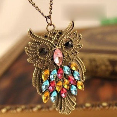 [Free Shipping]HL10207 European and American jewelry vintage diamond owl necklace sweater chain 2012 explosion models 40g