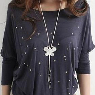 [Free Shipping]HL27807 Korean jewelry wholesale ladies retro white rope diamond butterfly tassel necklace sweater chain 29g