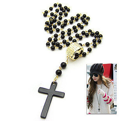 [Free Shipping]HL03507 Lee Hyori gold ring black beads cross sweater chain necklace 30g