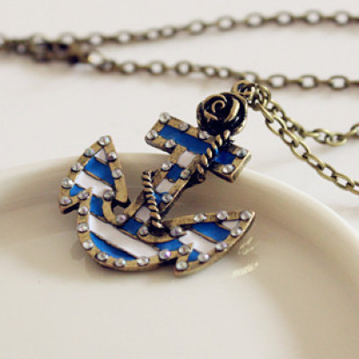 [Free Shipping]HL10007 European and American jewelry marine era retro roses do old anchor diamond necklace 12g