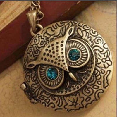 [Free Shipping]HL03007 blue eyes the retro owls circular phase box necklace sweater chain can open 33g