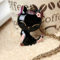 [Free Shipping]HL10907 Europe and the United States foreign trade jewelry retro black drop of oil cat necklace sweater chain 2012 new 16g