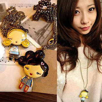 [Free Shipping]HL10607 European and American style retro jewelry Harajuku doll drop of oil necklace sweater chain 28g
