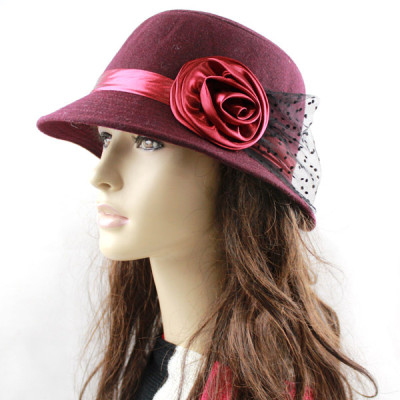 Boutique Fashion Rose Flower Ladies Dome Wool Felt Hat