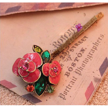 European And American Retro Drop Of Oil Rose Flowers The Crystal Green Leafy Hairpin