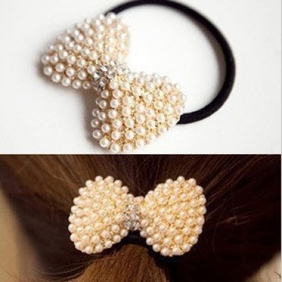 Exquisite Pearl Rhinestone Bow Hair Rope 2 Size