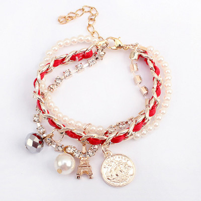 [Free Shipping]Fashion multilayer woven pearl pyramid bracelet colored