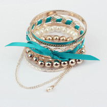 [Free Shipping] Fashion Woven Bow Pearl Multilayer Bracelet Tri-color