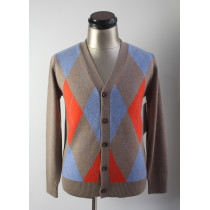 Men worsted merino wool  contrast color jacquard cardigan