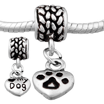 Antique silver plated heart dangle bead PBD152-1, with love my dog &  paw pattern stamped, sold as 20pcs each pack