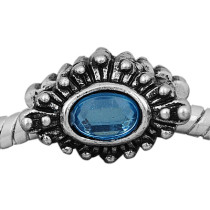 Antique silver plated european style eye shaped beads PBD232 with blue crystal, free shipping big hole eye beads in 10*15mm, sold as 20pcs each pack