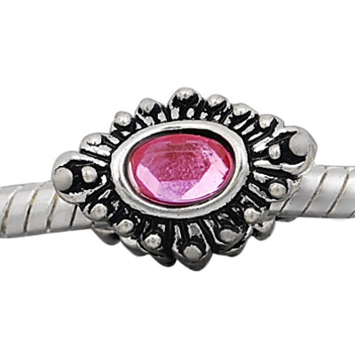 Antique silver plated european style eye shaped beads PBD232-3 with pink crystal, free shipping big hole eye beads in 10*15mm, sold as 20pcs each pack