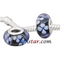 Free Shipping! Silver plated core black glass bead PGB582 with white flowers, size in 9*14mm, sold as 20pcs each pack