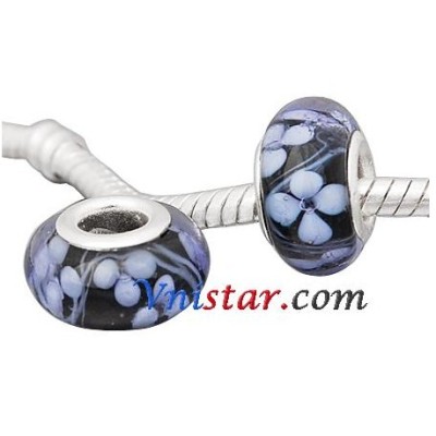Free Shipping! Silver plated core black glass bead PGB582 with white flowers, size in 9*14mm, sold as 20pcs each pack