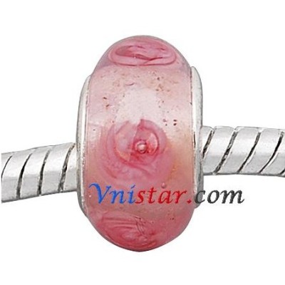 Free Shipping! Silver plated core pink glass bead PGB612 with rose flowers, size in 8*14mm , sold as 20pcs each pack