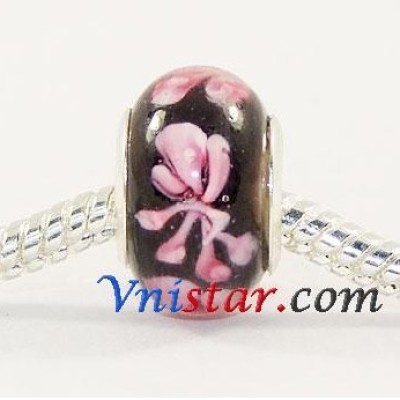 Free Shipping! Vnistar silver plated core glass beads, black beads with pink flower -PGB174, size 9*14mm, european beads murano, sold as 20pcs each pack