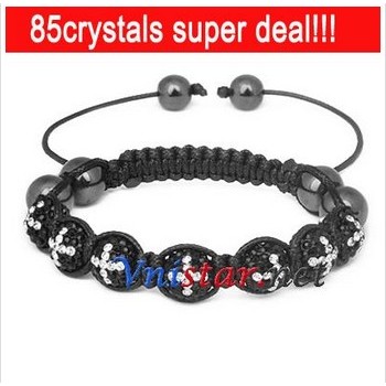 Free shipping! Wholesale jet crystal stone with clear cross pattern beads macrame bracelet SBB067-42, sold in 2pcs per pack