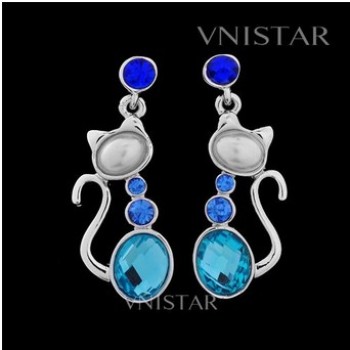 Free shipping! Earrings, crystal dangle earring, cat pendant, oval crystal and pearl, VE141, size in 14*39mm, sold in 2prs per pack