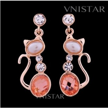Free shipping! Earrings, crystal dangle earring, cat pendant, oval crystal and pearl, VE141-G, size in 14*39mm, sold in 2prs per pack