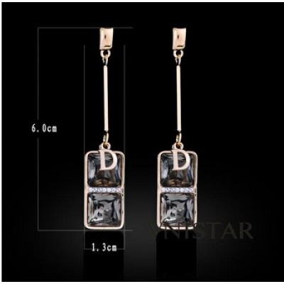 Free shipping! Fashion dangle earrings, square crystal, letter D charm, VE359, size in 13*60mm, sold in 2prs per pack