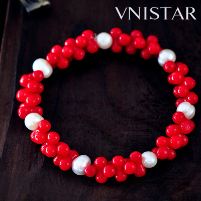 Free shipping! Beaded bracelets, red coral beads with pearls, SL088, elastic,  sold in 3pcs per pack