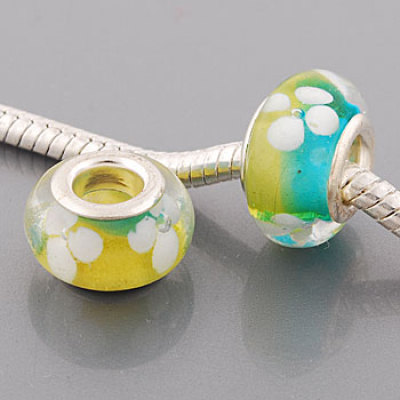 Free Shipping! Vnistar silver plated core glass beads PGB502, light blue and yellow mixed beads with flowers, 20pcs per pack