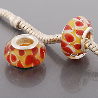 Free Shipping! Vnistar silver plated glass beads PGB499 yellow beads with red flowers on top, in 9*14mm, 20pcs per pack