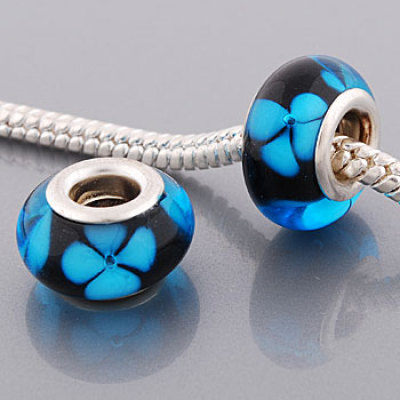 Free Shipping! Vnistar silver plated core black glass beads PGB433 with cyan flowers, size in 9*14mm, 20pcs per pack