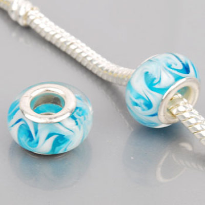 Free Shipping!Silver plated core glass bead PGB562, cyan bead with white swirl, size in 9*14mm, 20pcs per pack