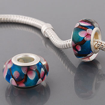 Free Shipping!Silver plated core glass bead PGB556, cyan bead with pink flowers, size in 9*14mm， 20pcs per pack