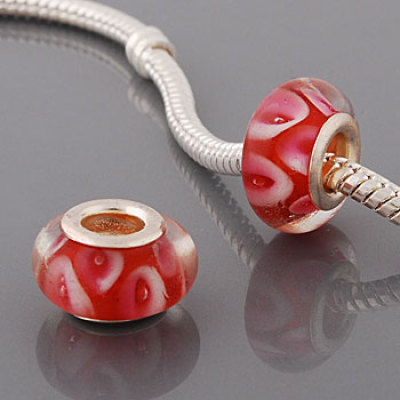 Free Shipping!Silver plated core glass bead PGB550, red bead with pink flowers, size in 9*14mm, 20pcs per pack